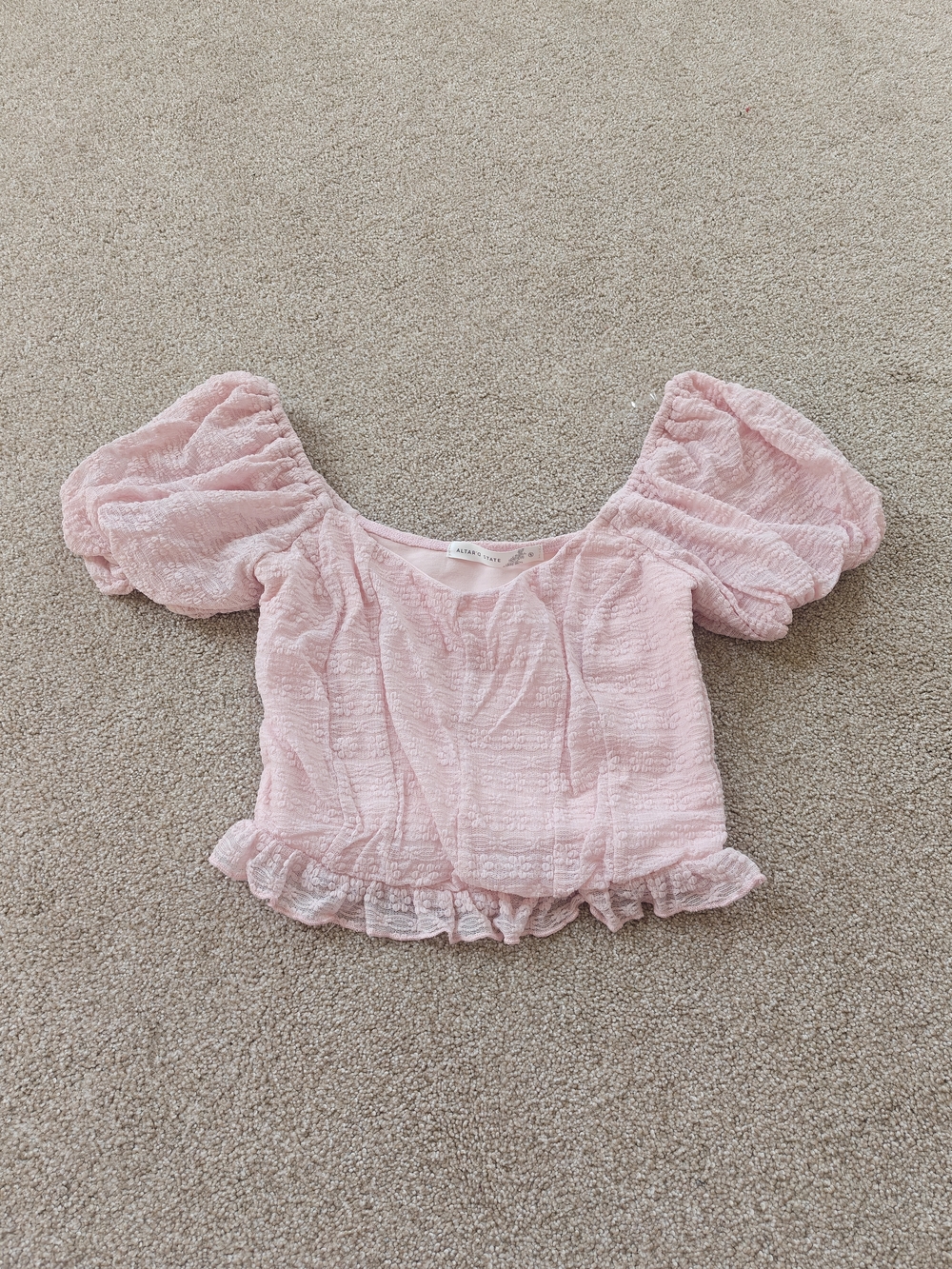 Altar'd State Pink Puff Sleeve Peplum Top